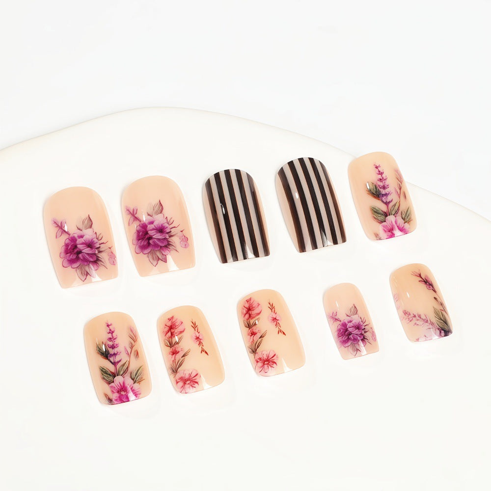 Artificial nails with floral and striped designs Stornfield