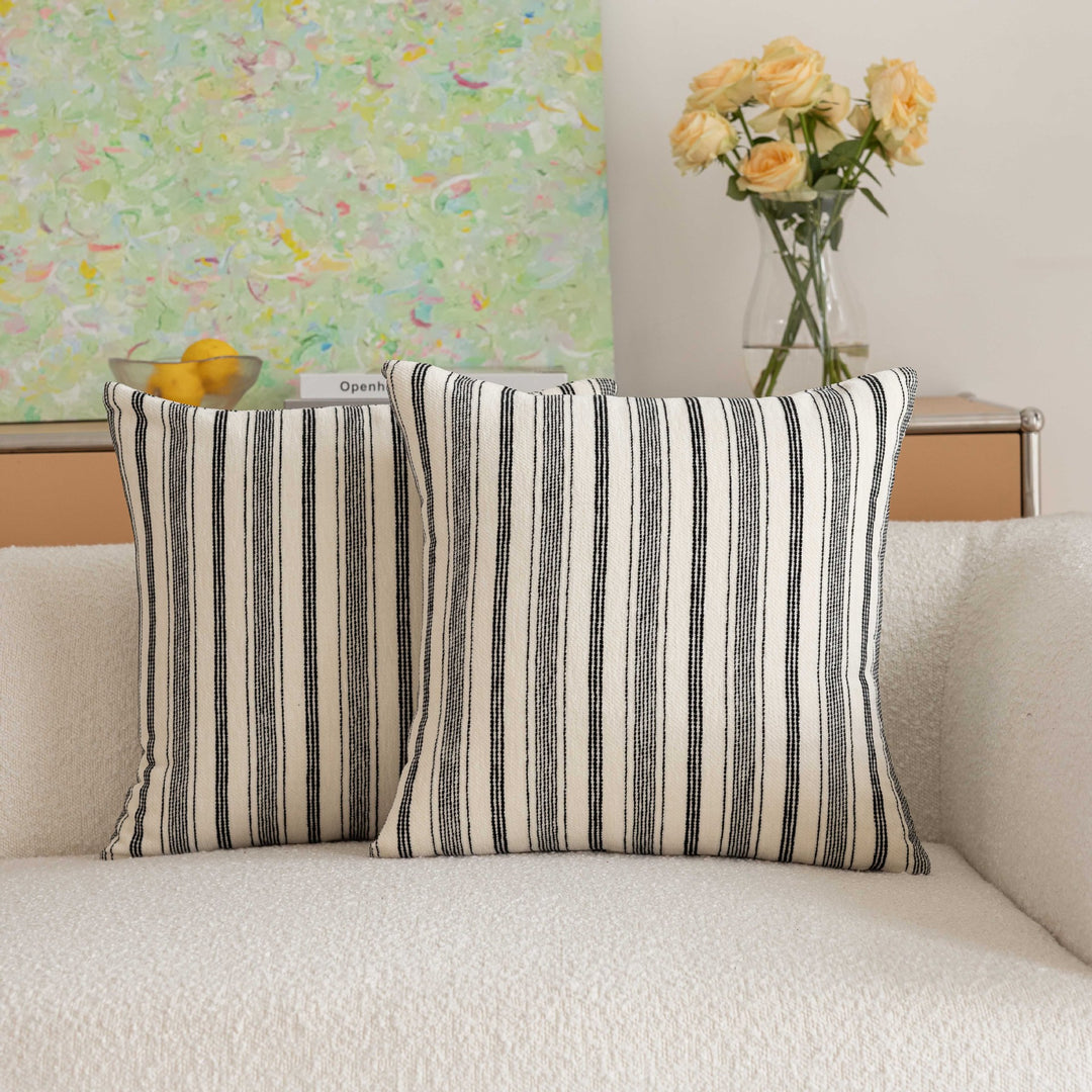 Handloom Striped Cotton Square Throw Pillow Covers Pair with Hidden Zipper
