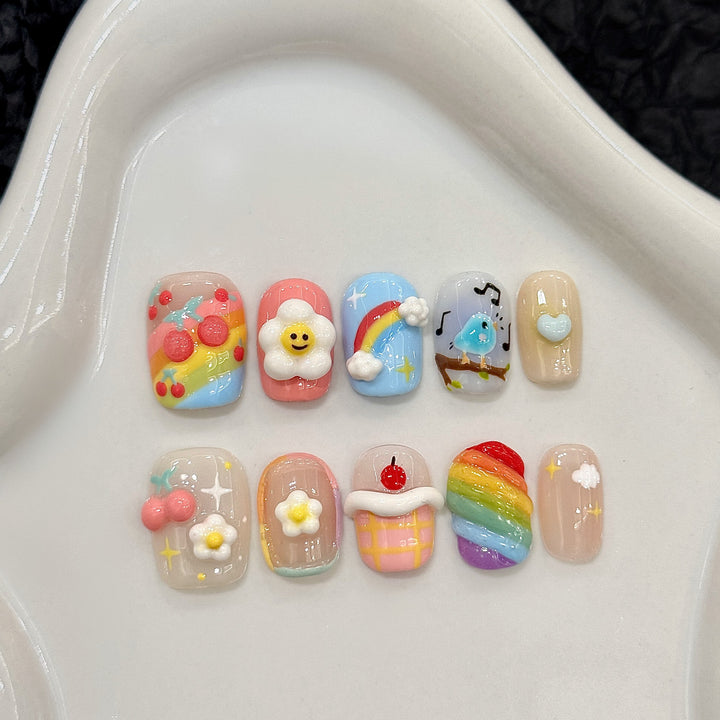 Whimsical Press-On Nail Art Set with Cartoon Designs