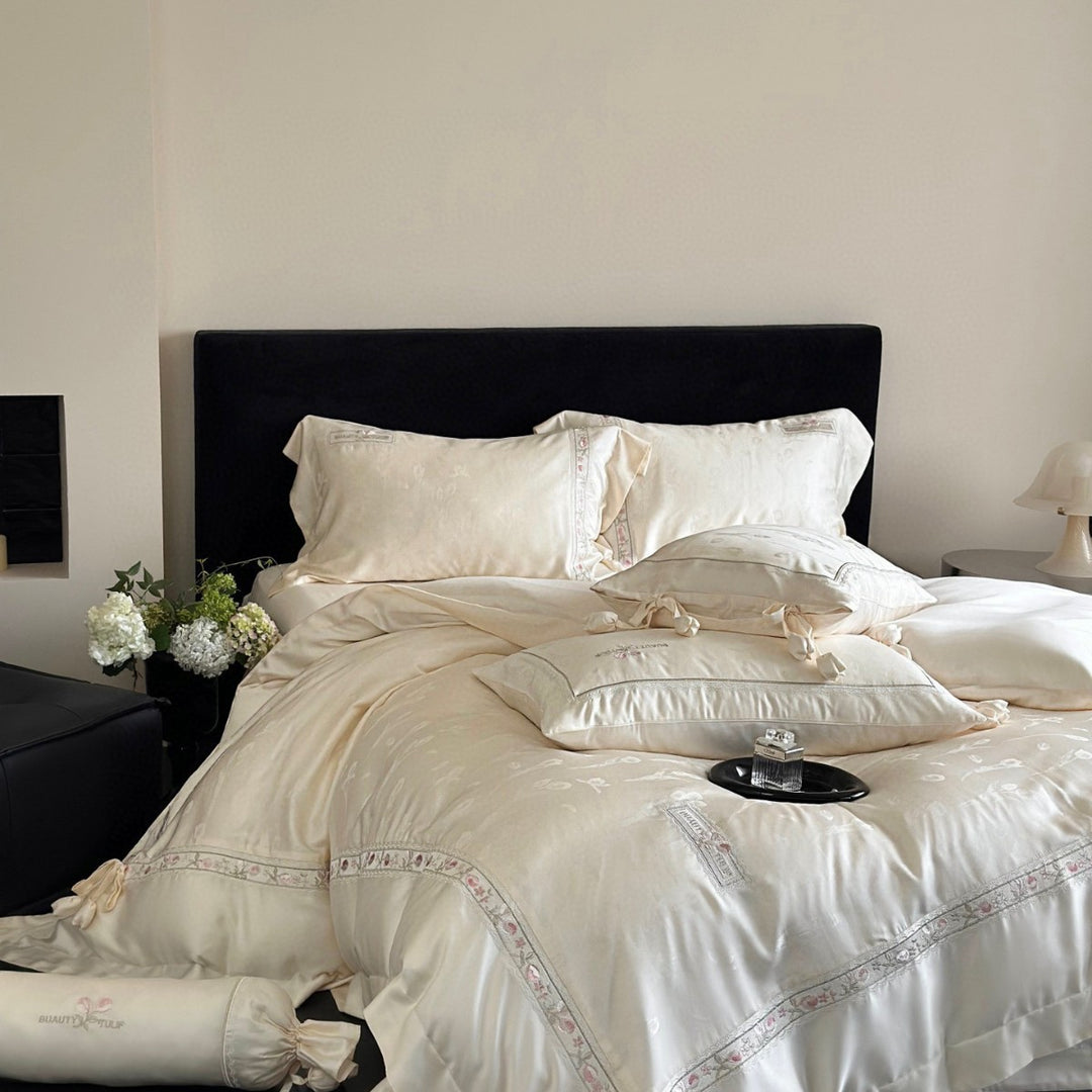 Premium Silk-Blend Floral Embroidered Bedding Ensemble with Bolster and Tie-Trim Pillow Shams
