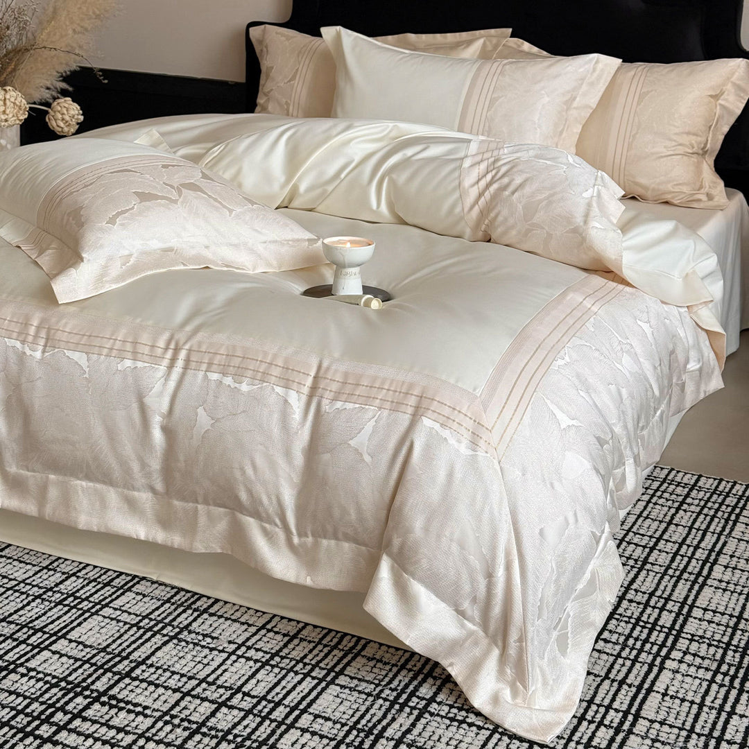 Luxury Satin Jacquard Floral Duvet Cover Set with Pleated Bed Skirt
