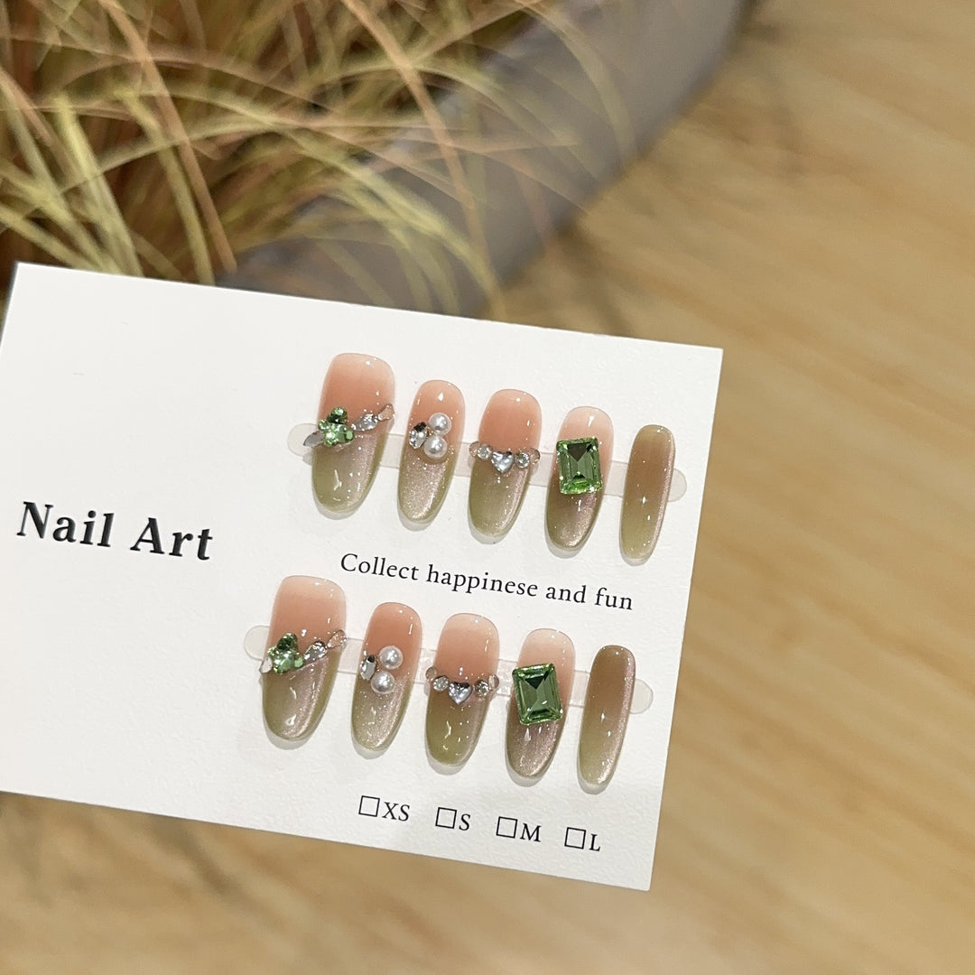 Decorative Press-On Nail Set with Gemstone Accents