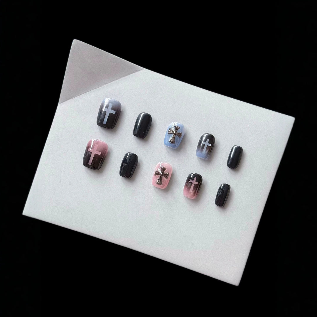 Artistic Press-On Nail Set with Cross and Ombre Design