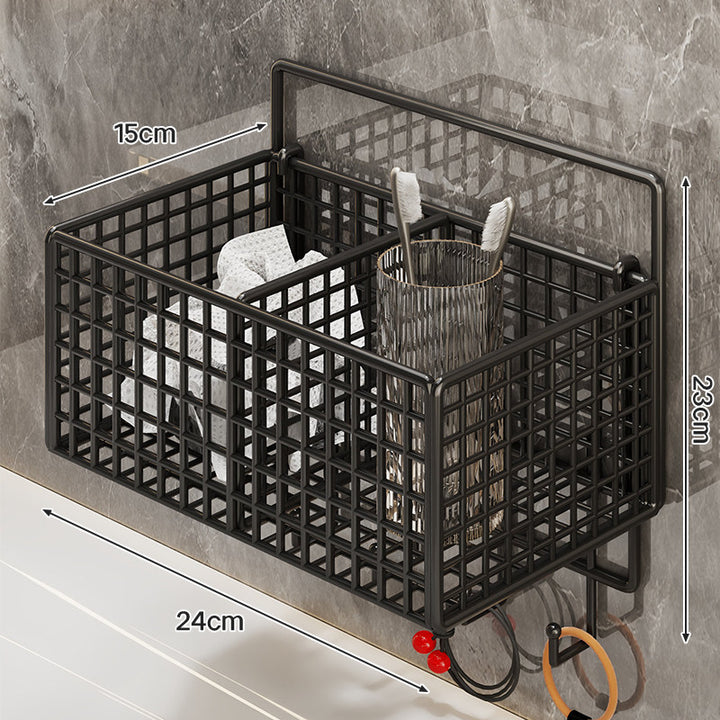 Wall-Mounted Metal Grid Bathroom Caddy with Triple Compartments Hooks and Drainable Base