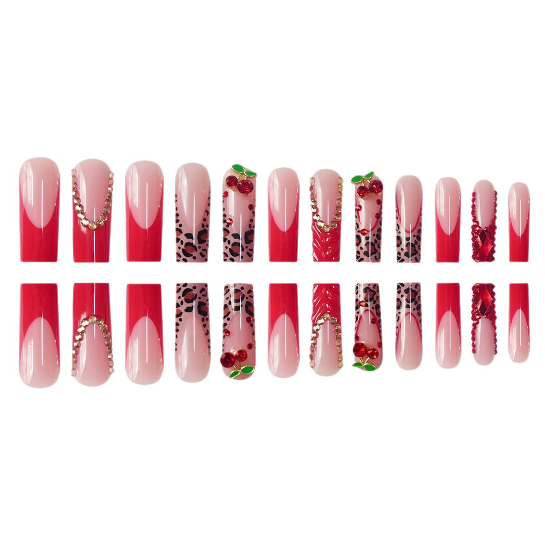 Decorative Long Press-On Nail Set with Gemstone and Floral Accents Stornfield
