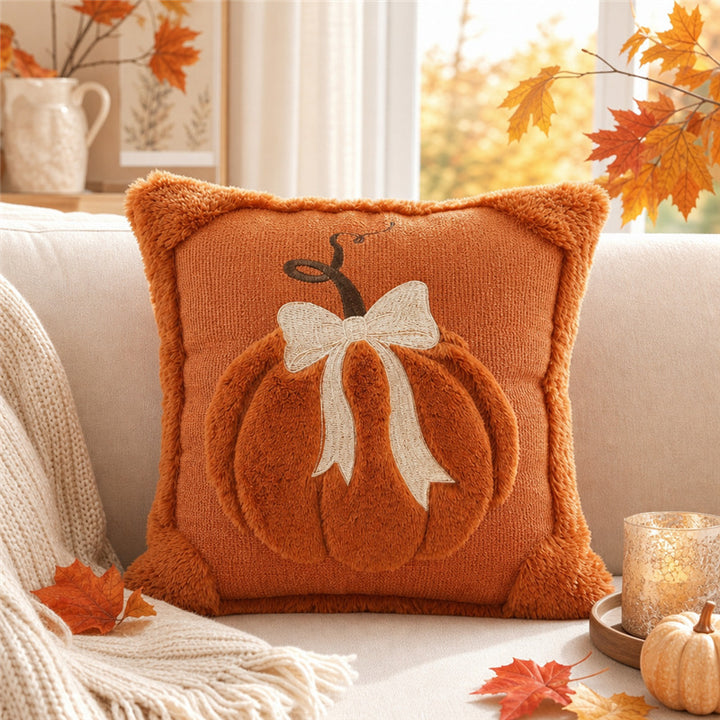 Autumn Pumpkin Chenille Tufted Square Throw Pillow Cover with Plush Raised Motif