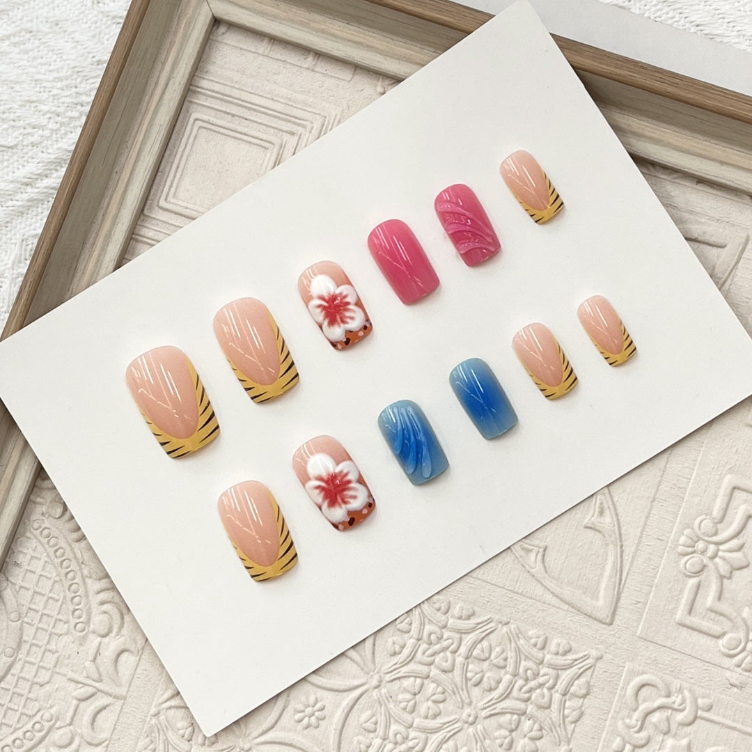 Artistic Press-On Nail Set with Floral and Wave Designs Stornfield