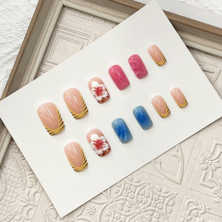Artistic Press-On Nail Set with Floral and Wave Designs Stornfield