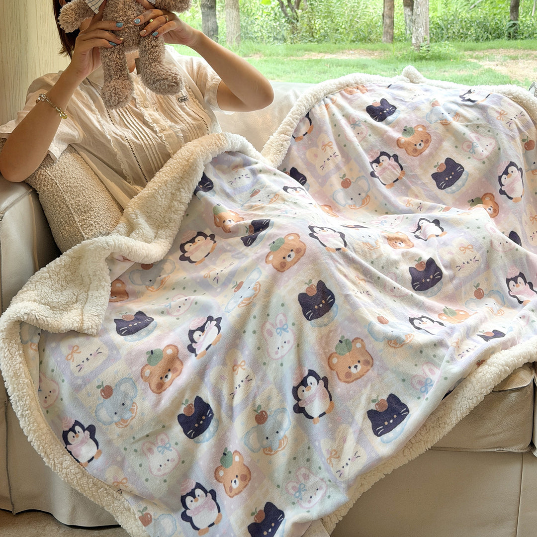 Plush Sherpa-Lined Teddy Print Reversible Throw Blanket
