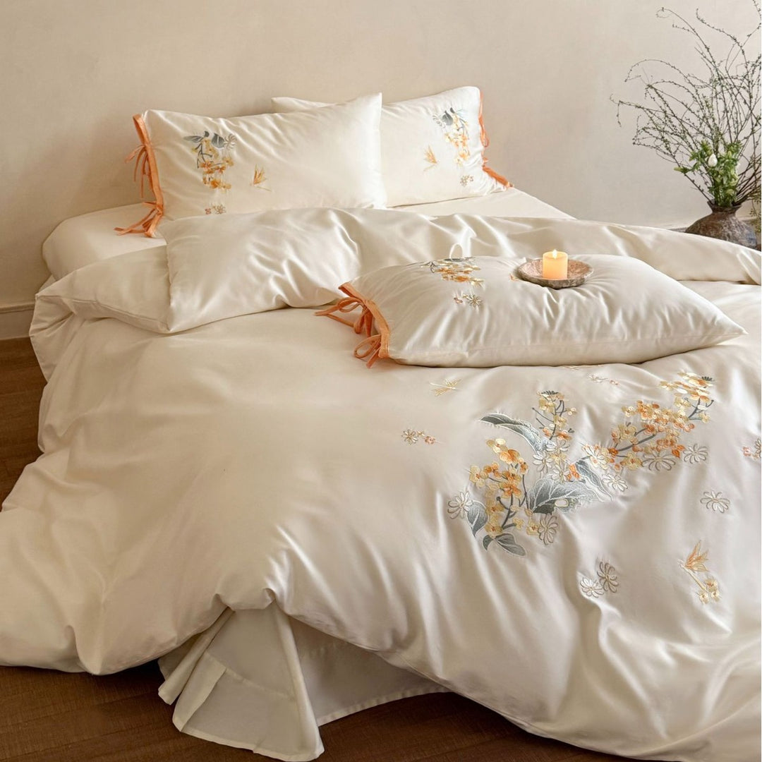 Botanical Embroidered Satin Duvet Cover Set with Ribbon-Tie Shams