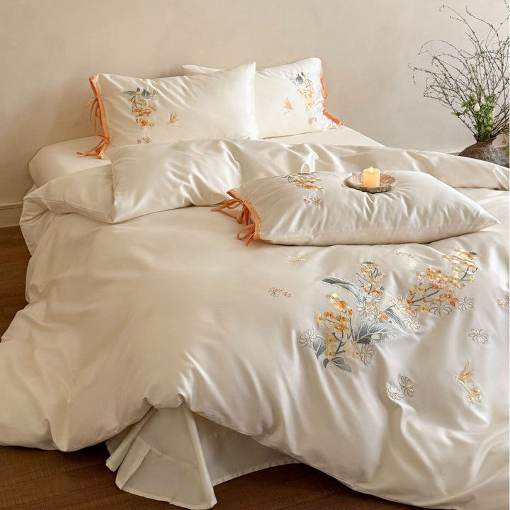 Botanical Embroidered Satin Duvet Cover Set with Ribbon-Tie Shams