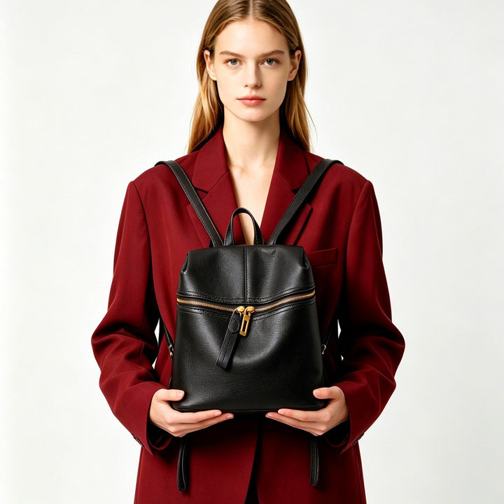 Small Structured Pebbled Leather Mini Backpack with Front Zip Pocket and Top Handle