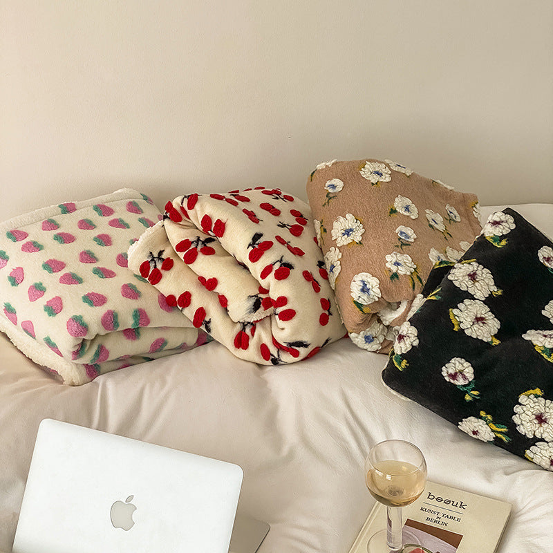 Reversible Sherpa Fleece Throw Blanket with Embossed Strawberry Texture