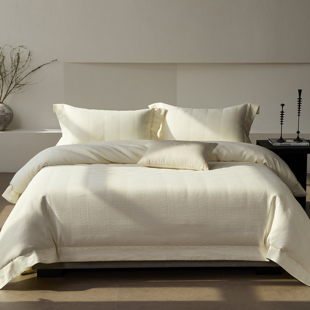 Textured Cotton Sateen Duvet Cover Set with Pillow Shams and Accent Cushion