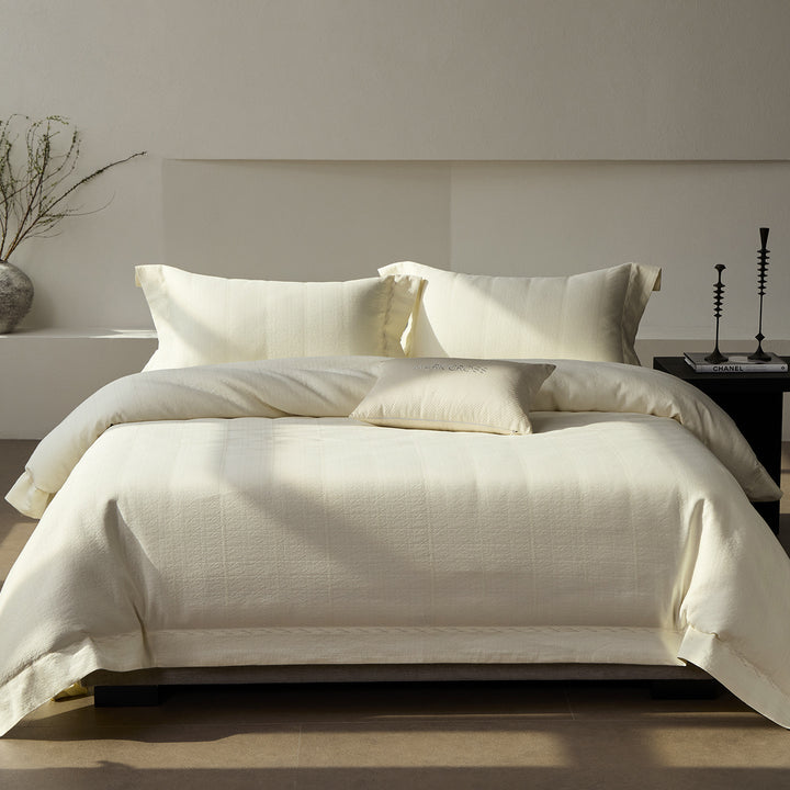 Textured Cotton Sateen Duvet Cover Set with Pillow Shams and Accent Cushion