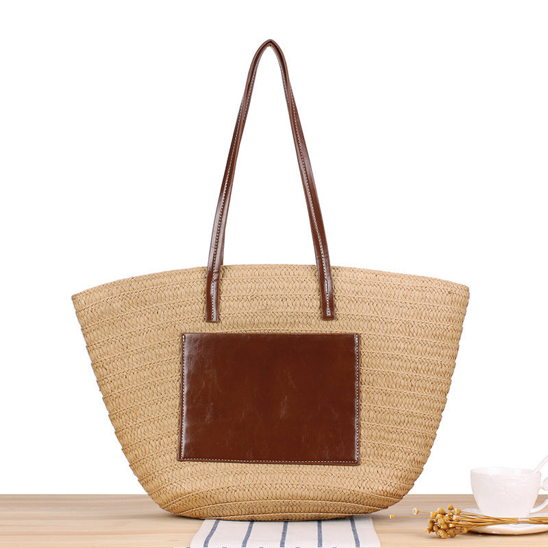 Trendy Beach Bag Made of Woven Straw and Leather Accents Stornfield