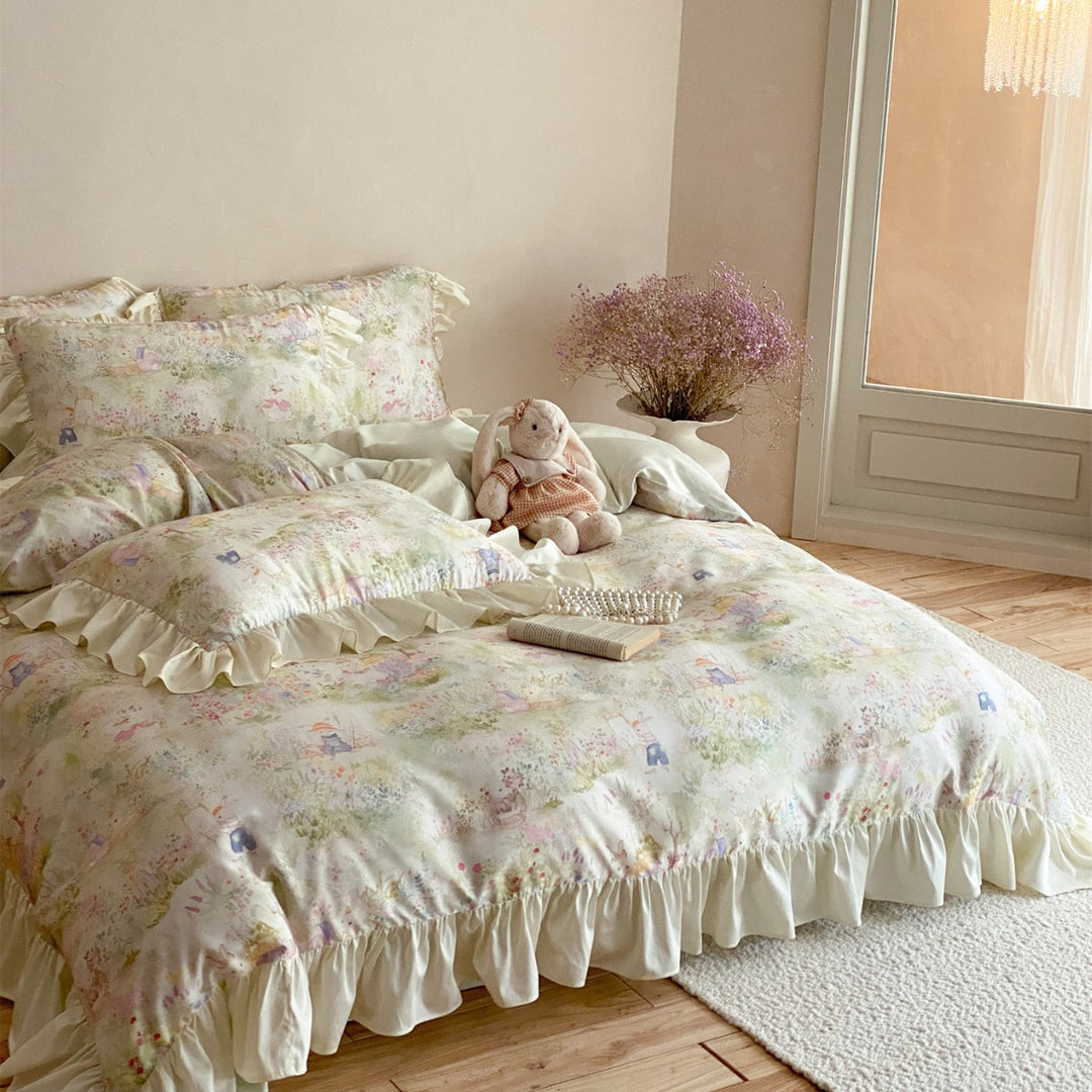 Luxury Ruffled Satin Duvet Cover Set with Pastel Floral Print and Pillow Shams