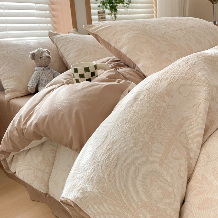Premium duvet cover set made of cotton percale with subtle paisley relief texture