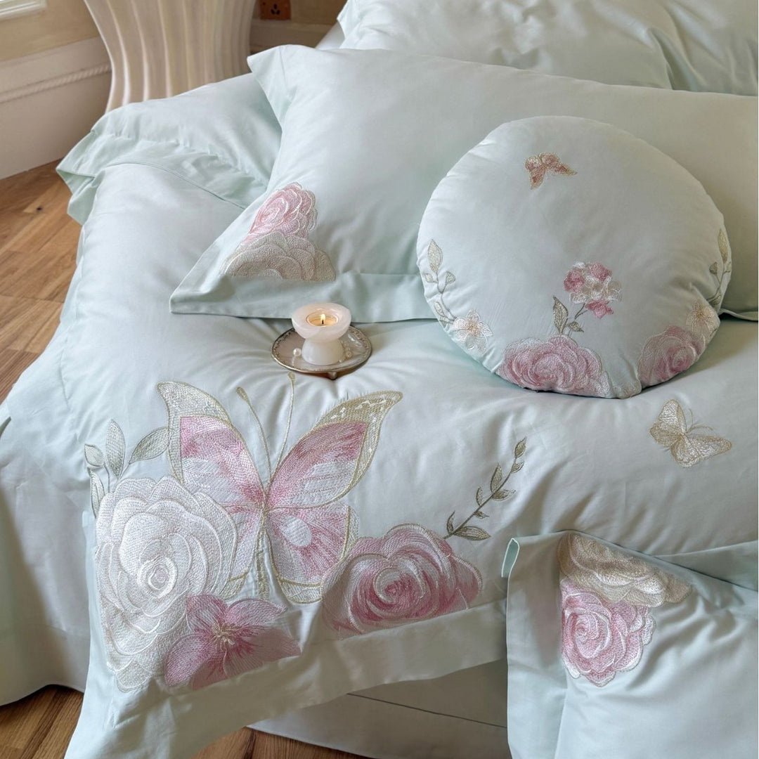 Embroidered Floral Cotton Sateen Duvet Cover Bedding Set with Decorative Shams & Round Throw Pillow