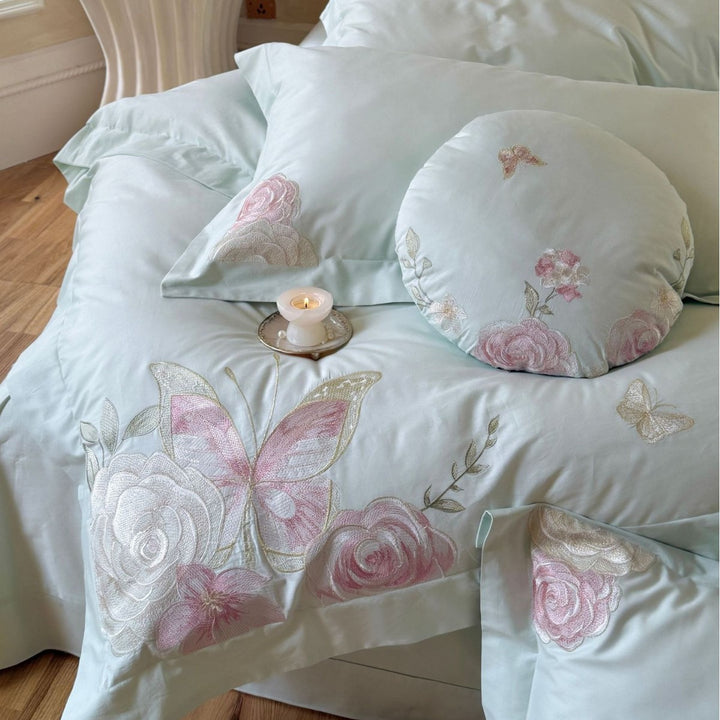 Embroidered Floral Cotton Sateen Duvet Cover Bedding Set with Decorative Shams & Round Throw Pillow