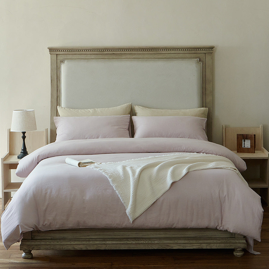 Light bed linen set made of washed linen-cotton blend with a natural texture