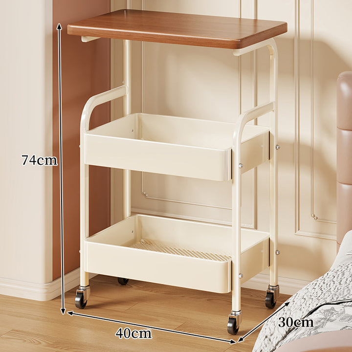 Narrow Mobile Bedside Rolling Table with Wood Top and Lower Metal Storage Tray