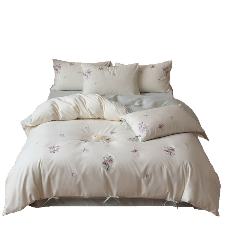 Embroidered Cotton Sateen Reversible Duvet Cover Set with Interior Ties & Matching Pillowcases
