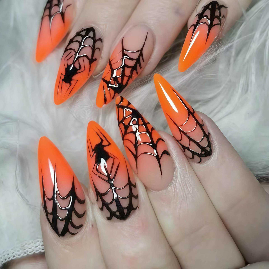 Halloween Themed Stiletto Press-On Nails with Spider Web Design Stornfield