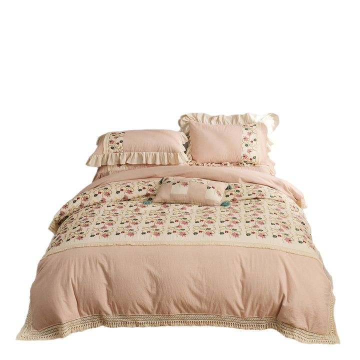 Ruffled Embroidered Floral Cotton Duvet Cover Set with Lace Trim & Decorative Shams