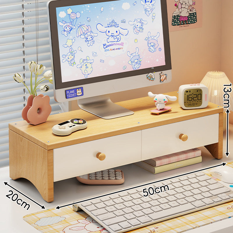 Wooden Dual-Drawer Monitor Riser Desk Organizer