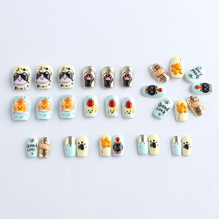 Whimsical Cat-Themed Press-On Nail Art Stornfield