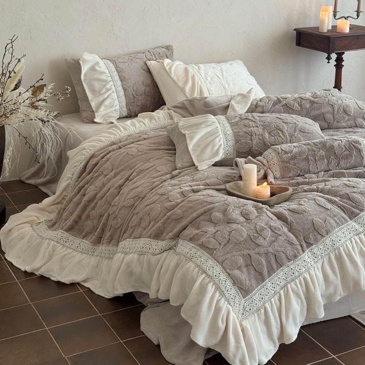 Plush Botanical Relief Duvet Cover & Ruffled Skirt Bedding Set