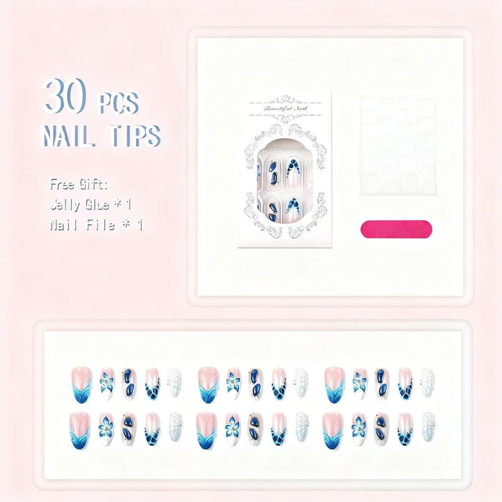 Artistic Press-On Nail Tips Set with Floral and Geometric Patterns Stornfield