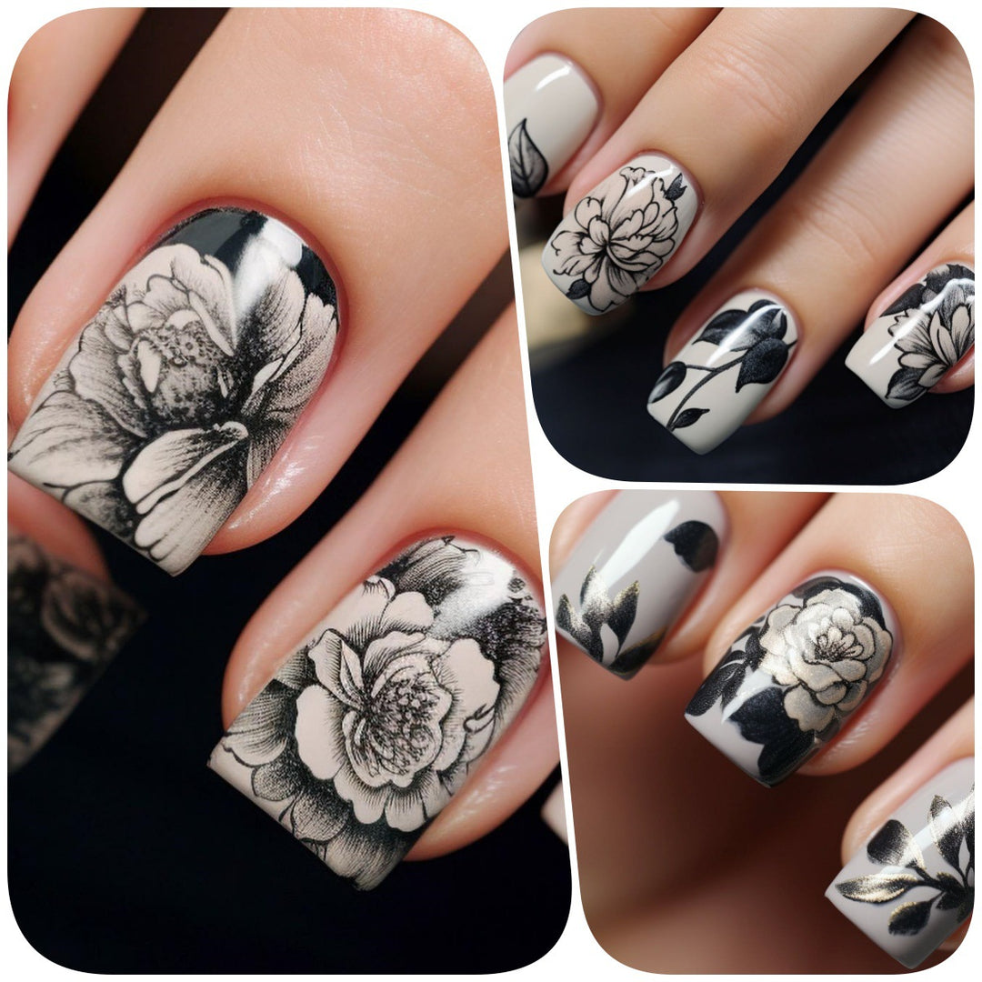 Artificial nails with floral black-and-white design Stornfield