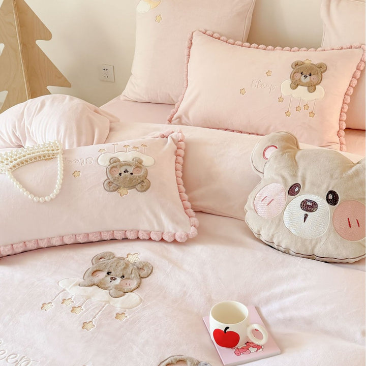 Kids' Embroidered Teddy Cotton Duvet Cover & Pillow Sham Set