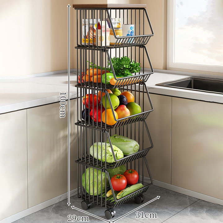 Countertop Wooden Top Metal Wire Fruit and Vegetable Storage Rack