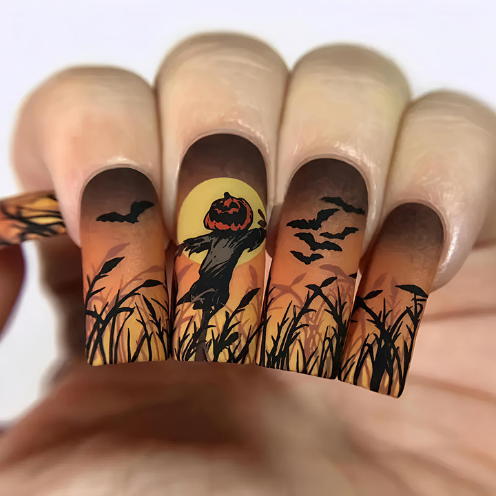 Halloween Artificial Nails with Creepy Pumpkin and Bat Design Stornfield