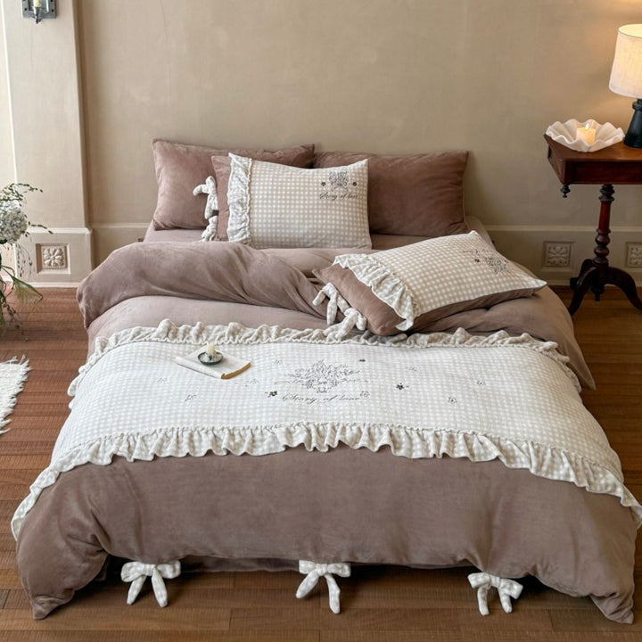 Ruffled Gingham Cotton Duvet Cover Set with Embroidered Center Panel & Tie Closures