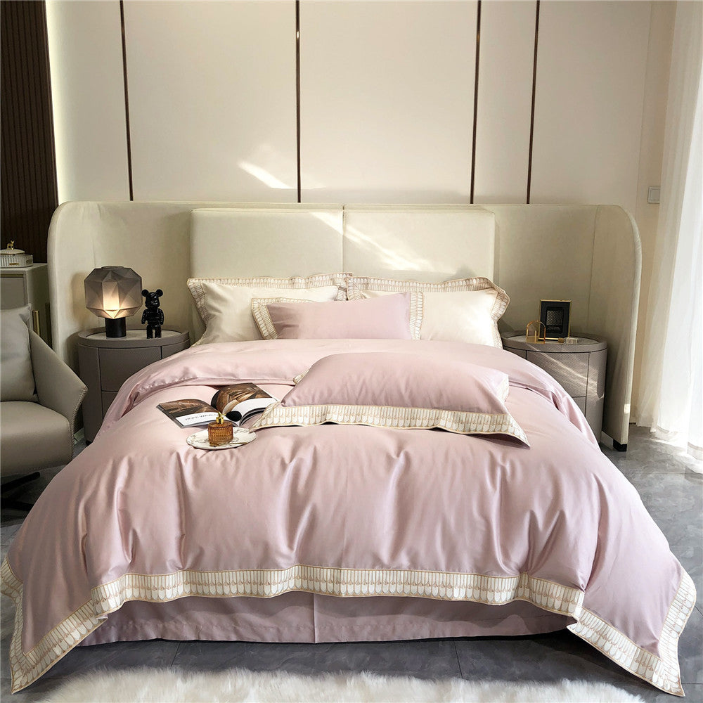 Luxury Cotton Sateen Duvet Cover Bedding Set with Pleated Trim and Matching Pillow Shams