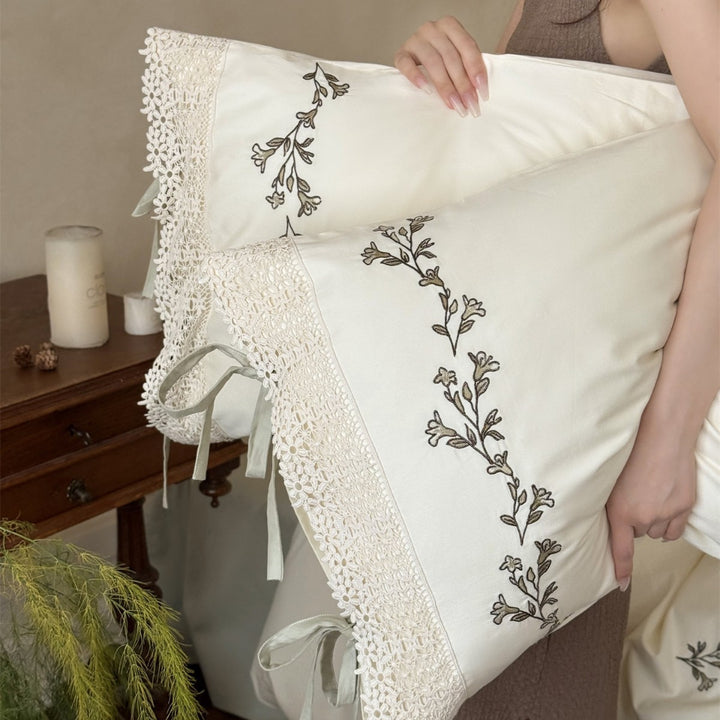 Embroidered Crochet-Trim Pillowcase Set with Ribbon Tie Closures