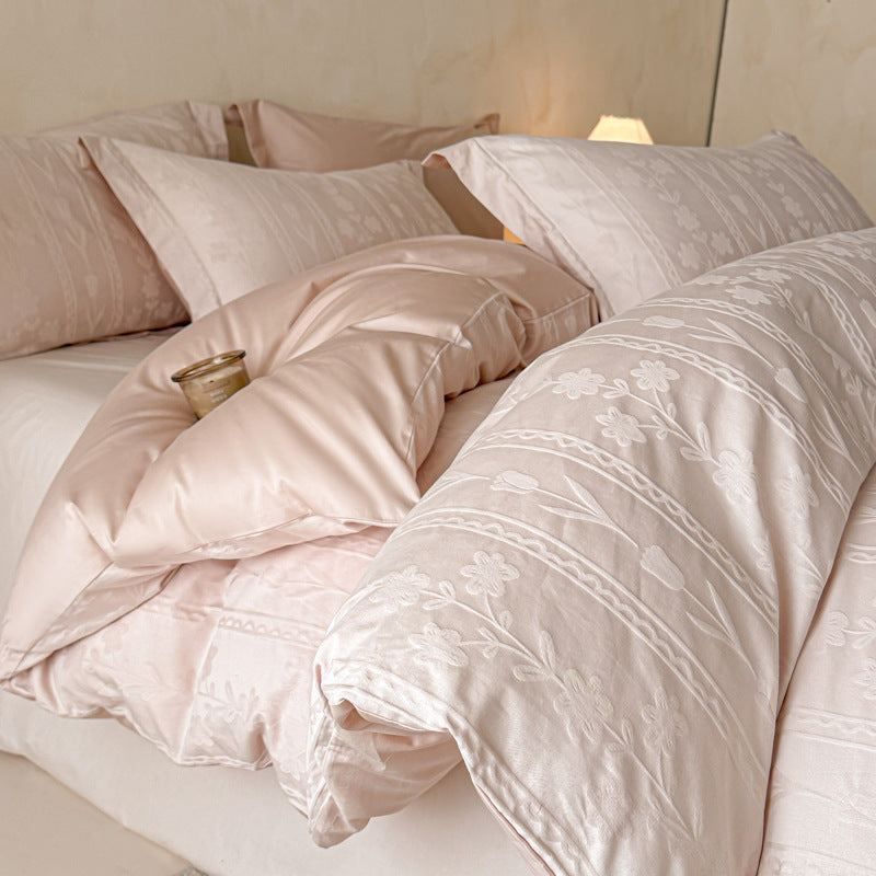 Floral Jacquard Cotton Duvet Cover Set with Pillowcases and Hidden Zipper