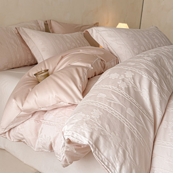 Floral Jacquard Cotton Duvet Cover Set with Pillowcases and Hidden Zipper