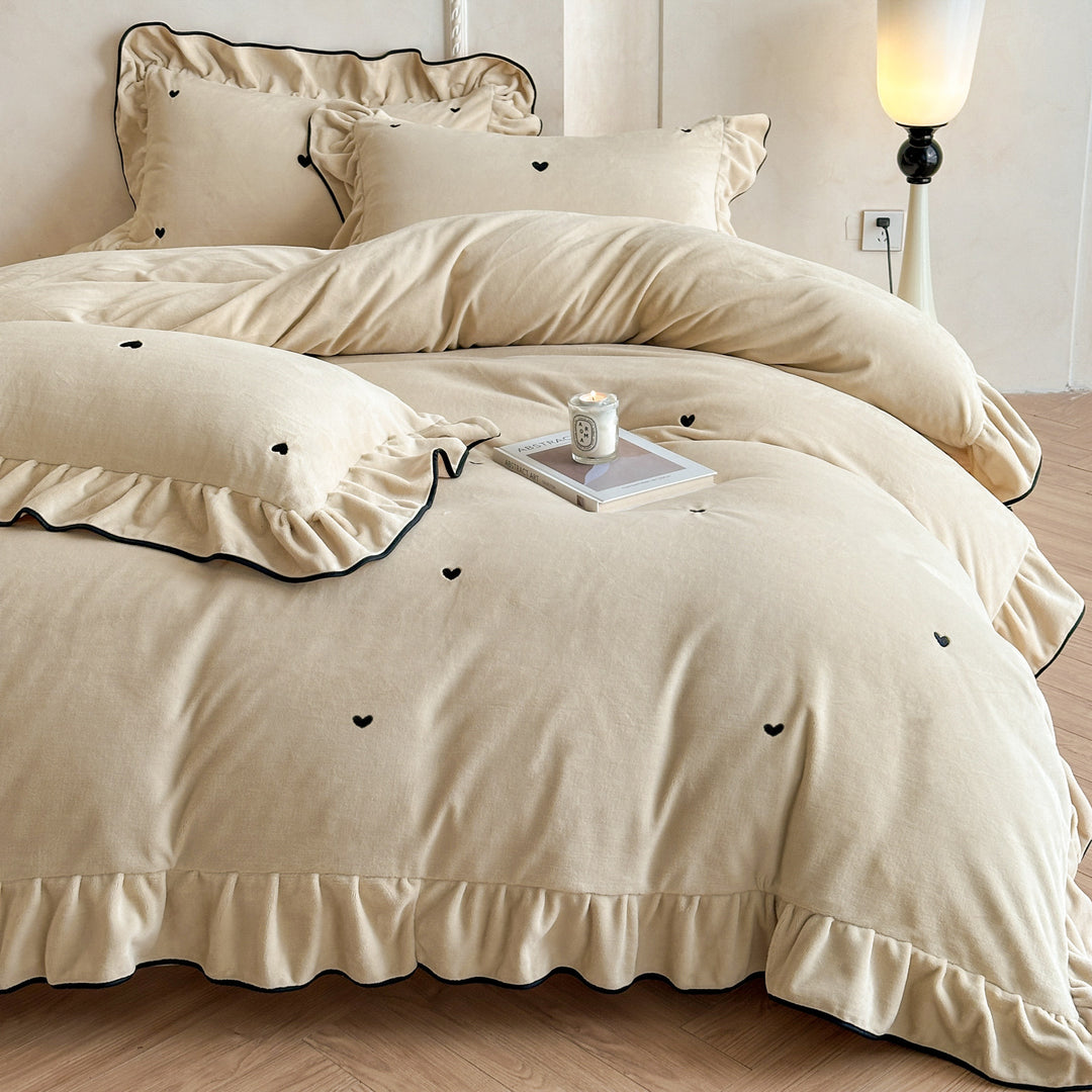 Romantic bedding set with ruffle, velvety soft microfleece surface and embroidered hearts
