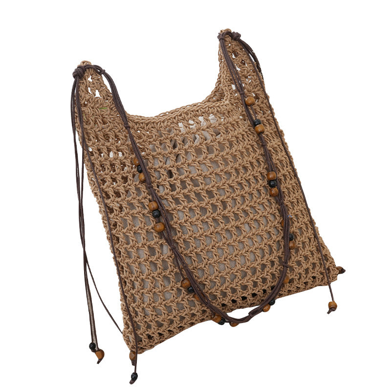 Handmade net tote bag with wooden accents Stornfield