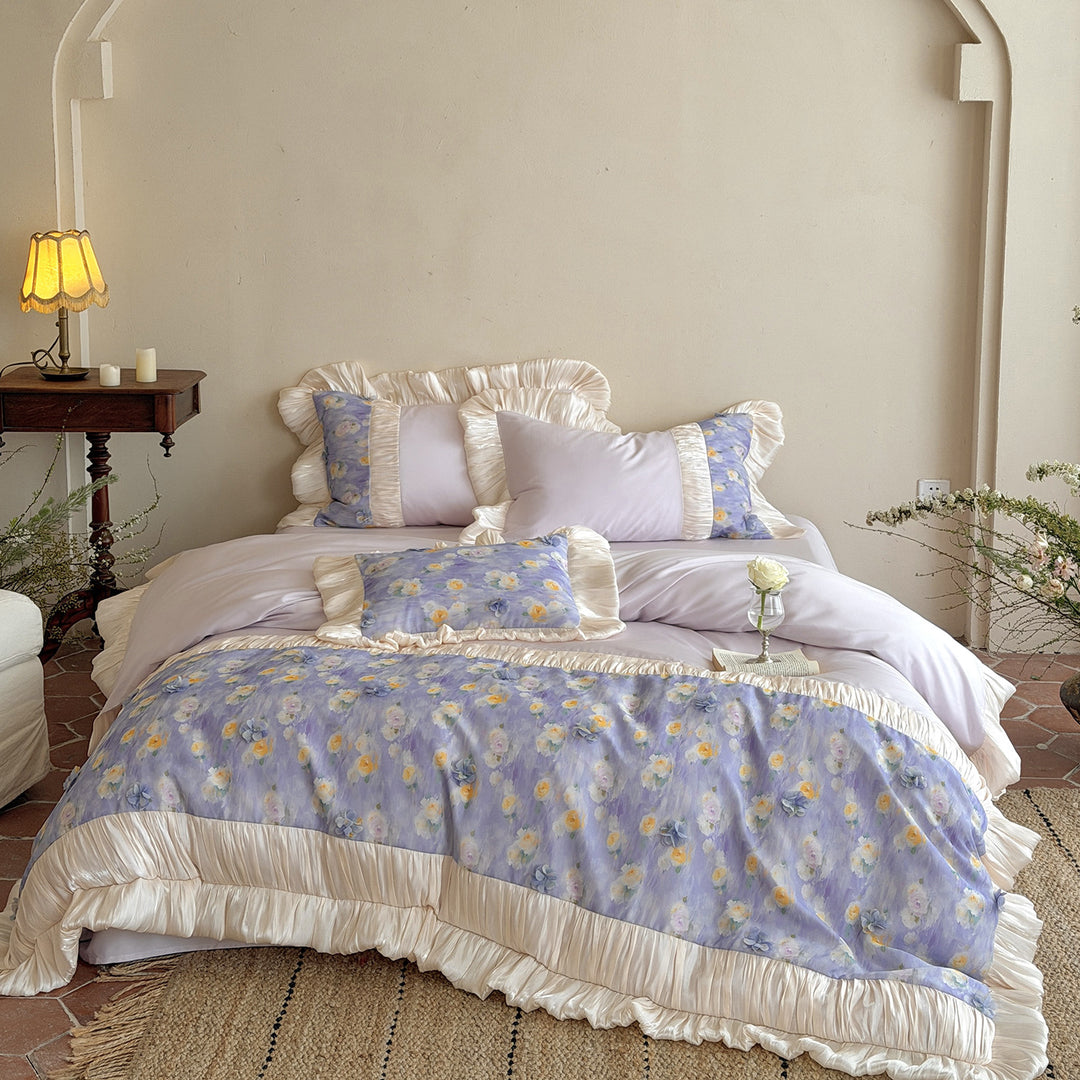 Floral duvet cover set made of cotton satin with pleated satin frill