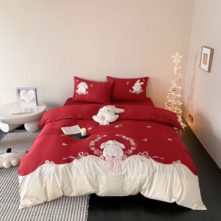 Plush Bunny Appliqué Cotton-Sateen Decorative Duvet Cover Set