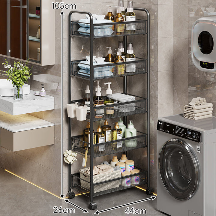 Tall Mobile Mesh Bathroom and Laundry Organizer Cart with Pull-Out Ventilated Baskets