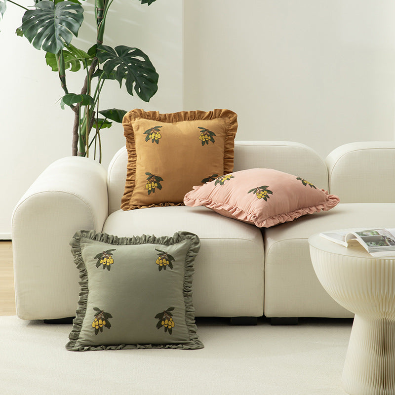 Square decorative cushion with frill edge and embroidered berry ornament made of cotton-linen Stornfield