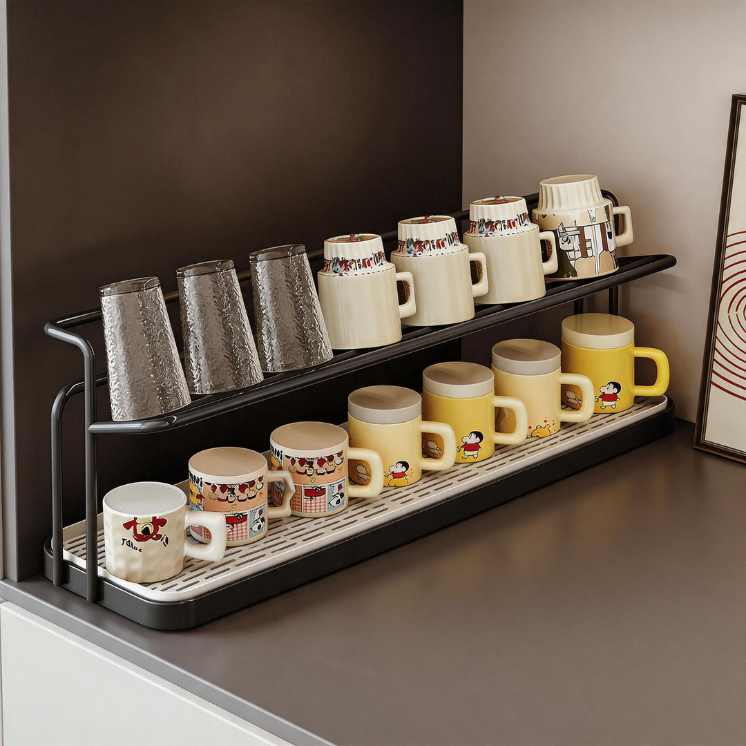 Double-Tier Countertop Coffee Mug and Dish Drying Rack with Removable Drip Tray