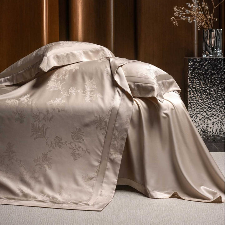Luxury Jacquard Satin Duvet Cover Set with Botanical Embossed Weave and Oxford Pillow Shams